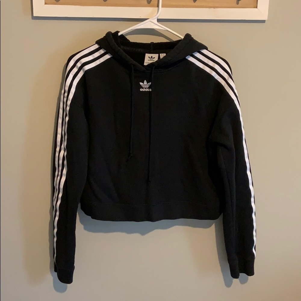 ADIDAS Original 3 Stripes Black Womens Crop Hoodie